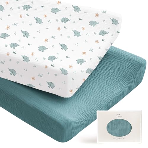 Image of Konssy 2 Pack Muslin Changing Pad Covers for Boys, Ultra Soft & Breathable Cotton Baby Diaper Changing Table Covers, Neutral Nursery Diaper Changing Pad Sheets (Elephant,Teal)