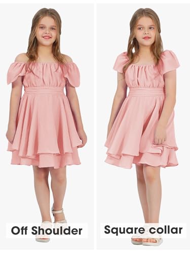 Exlura Casual Short Cap Sleeve Girls Tie Back A Line Ruffle Hem Junior Teenage Kids Short Mini Dress Size 6-15 Years Pink thumb #1
