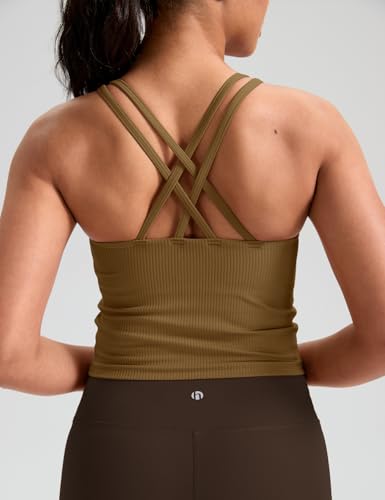 Image of HeyNuts Zeal Bras Longline Ribbed Medium Support Sports Bras, Crisscross Back Tank Tops with Removable Pads A-D Cups