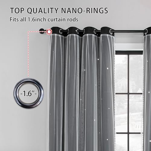 Image of XiDi Black Curtains for Bedroom 2 Panel Set, Blackout Curtains for Girls Bedroom Decor, Star Hollow Out Drapes for Kids Room, Double Layer Window Treatment for Living Room 52x84 Inches Long
