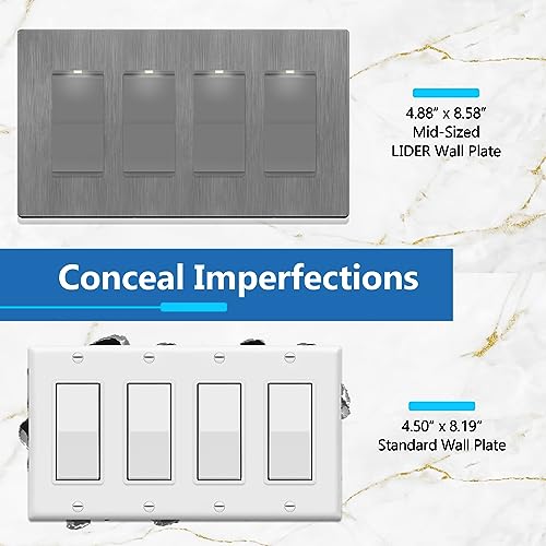 Image of LIDER Decorator Switch Cover, Screwless Wall Plate, Mid-Size 4-Gang 4.88 inch x 8.58 inch, LSWP-34M-BGY, UL Listed, Thermoplastic, Brushed Gray, 1-Pack