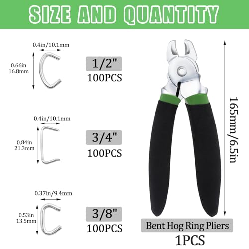 Image of 300 Pcs Hog Rings with Bent Hog Ring Pliers Kit 3 /4 inch 1 /2 inch 3 /8 inch Galvanized Hog Rings for Bagging、DIY Craft、Furniture、Animal Pet Cages、Ropes