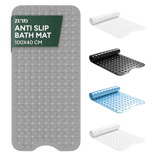 Zuvo Non-Slip Bath Mat for Inside Bath Extra Long 100 x 40cm Anti Mould Machine Washable Shower Mat with Suction Cups & Drain Holes Safe for Kids & Elderly (Grey)