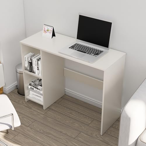 Image of Bniture Wooden Study Table for Home | Engineered Wood Study Table with 2 Storage Shelf | Multi Purpose Computer Desk for Writing & Study | Laptop Table for Study Room & Office | Frosty White