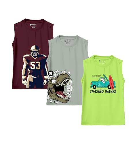 Image of KYDA KIDS 100% Cotton Bio Washed Premium Printed Boys Sleeveless Loose Fit Tshirt - Antibacterial Boys Vest - Pack of 3