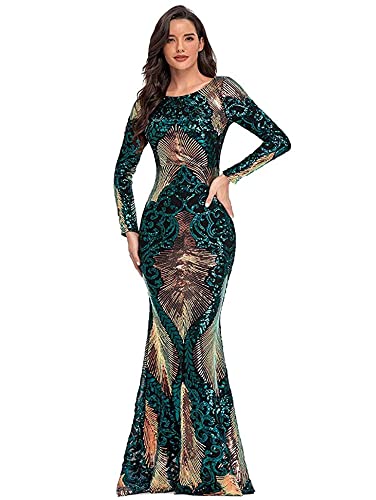 Women's Tulle Mermaid Long Sleeve Mermaid Evening Dress for Formal Party Dark Green
