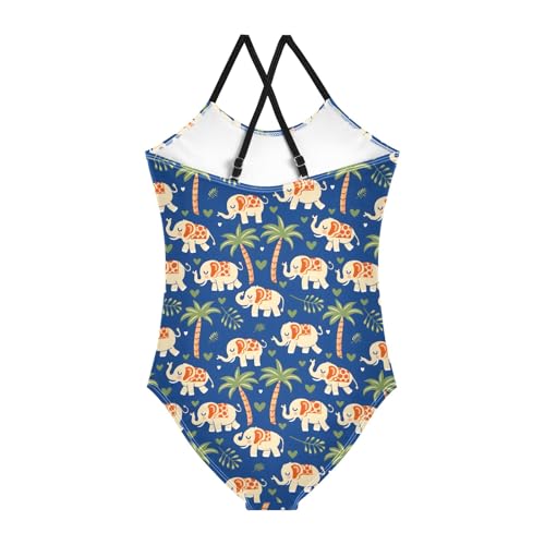 senya Girls Swimsuits One-Piece Swimwear Tie Bathing Suit Beach Summer Round Neck 9-10T Elephants with Palm Trees Pattern2