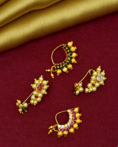 Image of Medium Size Traditional Maharashtrian Banu Nath Nose Stud without piercing Pearl Gold Plated Nath Combo Clip On Nose Ring For Women