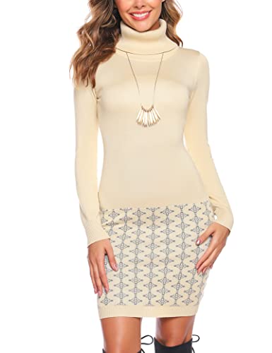 Vestido de Jersey Mujer Invierno Manga Larga Vestido de Punto Elegante Cuello Alto Corte Entallado Mini Dress Vestido Casual Cálido Punto Cuello Alto para Mujer Fiesta Otoño Invierno Albaricoque XXL Cover