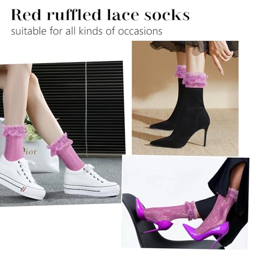 Image of Women Lace Ruffle Socks White Black Frilly Lolita Crew Dress Socks