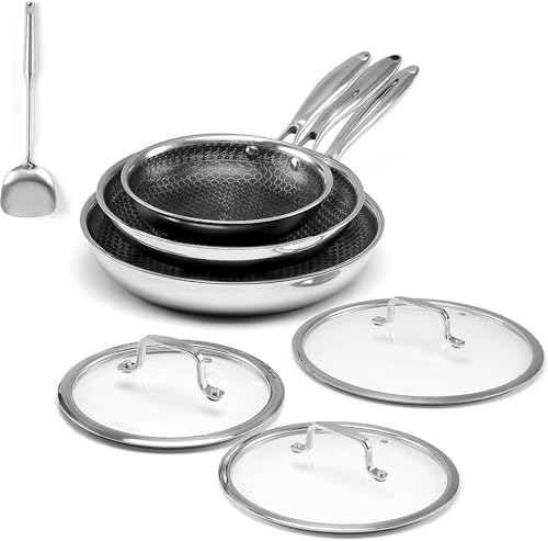 USELUCK Non Stick Frying Set, 8, 10 and 12-Inch Hybrid Non Toxic Fry Pan Skillet with Lids, Dishwasher and Oven Safe, Induction Ready, Silver Kitchen Cookware set (7-Pcs Pan Set)