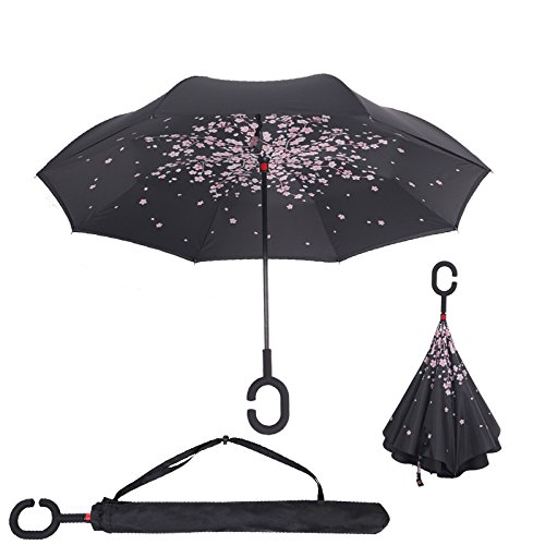 BP @ Paraguas plegable con mecanismo invertido de apertura. Muy útil en caso de lluvia, con mango en forma de C invertida. Paraguas de doble capa a prueba de viento (106 cm). , flor de cerezo