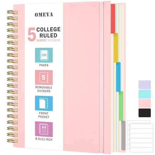 Image of Spiral Notebook 8.5 inch x 11 inch, 5 Subject Notebooks College Ruled with Dividers