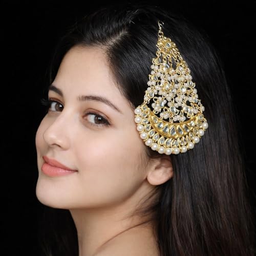 Image of Kundan Gold Non-Precious Metal Jhumar Passa /Jhoomar Maang Tikka /Brooch Hair Chain for Women and Girls