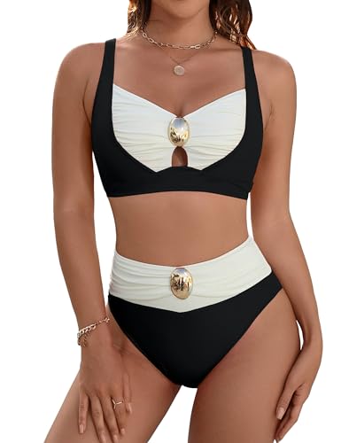 Blooming Jelly Womens High Waisted Bikini Sets Tummy Control Swimsuits Color Block Two Piece Bathing Suit Retro Swimwear