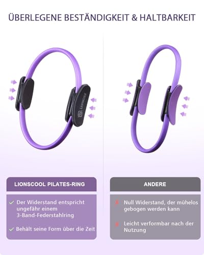 LIONSCOOL Pilates-Ring-Set – 14“/35cm Magic Circle mit Doppelgriffen – Inkl. platzfestem Miniball, Widerstandsbändern, Anleitung und Tasche (Lila)