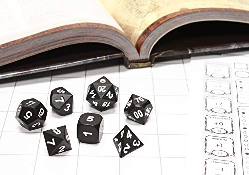 Forged Dice Co Metal Dice Set - Polyhedral Dice Set of 7 with Dice Storage Tin and Stickers - Metal DND Dice and Gaming Dice for Dungeons and Dragons RPG Games Black Raven w/ White Numbers