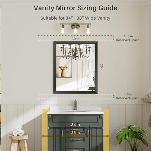 36x30 Inch Black Bathroom Mirror for Wall, Thick Metal Framed Rectangle Mirrors for Over Sink, Bedroom, Living Room, Entryway, Anti-Rust, HD Tempered Glass