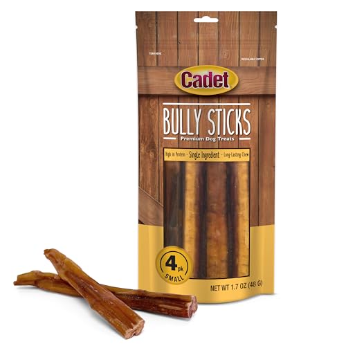 Cadet Bully Sticks for Small Dogs All-Natural Beef Pizzle Long-Lasting Rawhide Free Dog Treats for Aggressive Chewers 4 Count