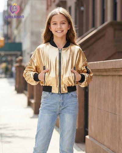 Image of WELAKEN Lightweight Multiple Pockets Zip Up Bomber Jacket for Girls Toddler & Kids II Little Girl's Casual Flight Crop Jacket