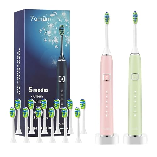 7AM2M Electric Toothbrush 2 Pack Set for Kids and Adults, 12 Brush Heads,5 Adjustable Modes, Built-in 2-Minute Smart Timer, Wireless Fast Charge for 60 Days,IPX7Waterproof SonicToothbrush(Green+Pink)