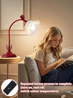 Flower Table Lamp,Bedside Table Lamp for Bedroom LED Reading Light 3 Color Modes,Vintage Flower Lamp Kawaii Table Lamps Desk Living Room Home Decor Mothers Day Birthday Gifts for Mom Women (Red lamp)