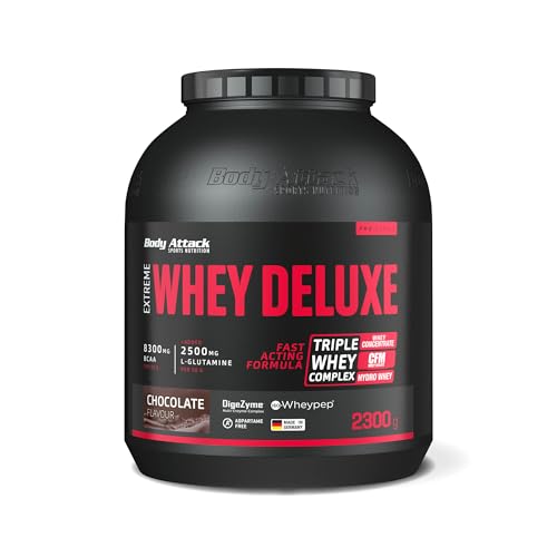 Body Attack Extreme Whey Deluxe Chocolate, 2,3 kg - Made in Germany - Eiweißpulver mit Aminosäuren, Triple-Whey-Complex, CFM Isolate, perfekt lösliches Protein-Pulver, fettarm, zuckerarm
