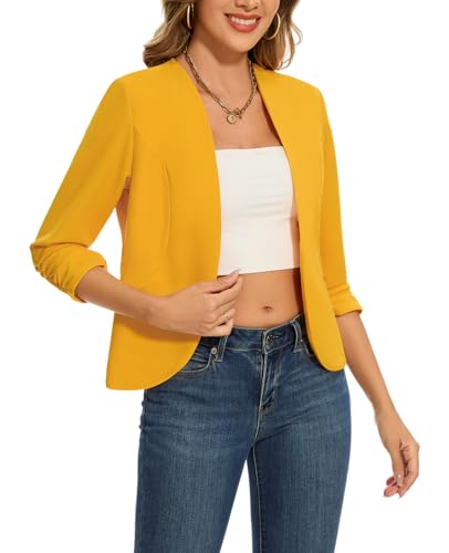Womens Cropped Blazer Suit Jacket Open Front 3/4 Ruched Sleeve Blazers Collarless Suit Jacket Coat Tailored Outfit,Yellow,L