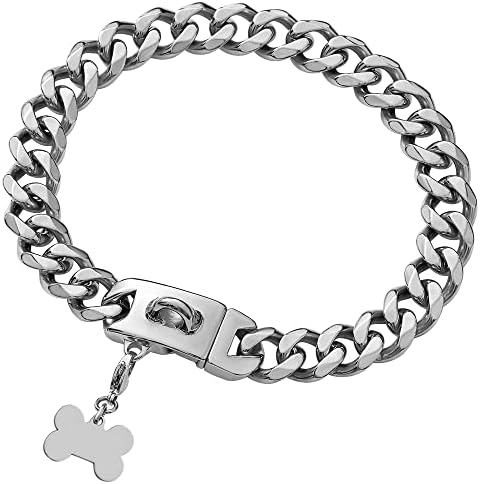 Silver Metal Dog Chain Collar with ID Tag Pendant,Dog Cuban Link Necklace Collar,Strong Stainless Steel Dog Chain,Chew Proof Dog Walking Collar for Medium Large Dogs(19MM 20'')