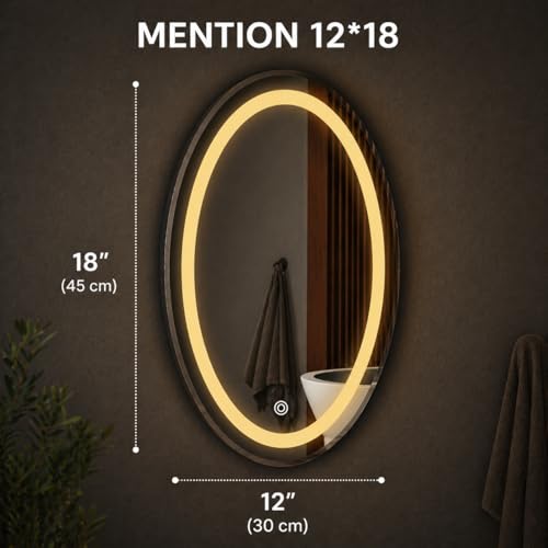 Image of LED Bathroom Wall Mirror with 3 Decorative Lights | Touch Sensor | Warm | Natural and Cool White | for Wash Basin | Bedroom | Dressing Area (Oval, 12x18)