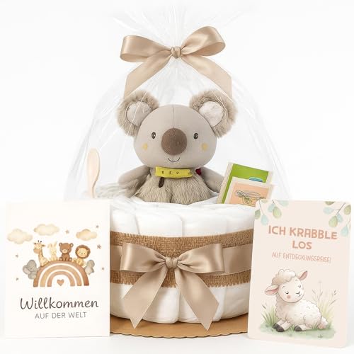 Windeltorte Mädchen & Junge mit Koala Greifling - Boho Vintage [Handmade] – Baby Geschenk zur Geburt mit Koala-Greifling, Premium Windeln, Babylöffel & Bio-Tee – Windeltorte Neutral & für Babyparty