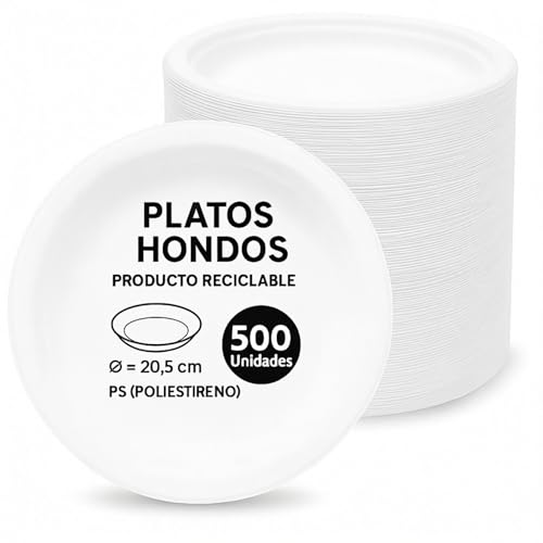 Platos de plástico blancos reutilizables, Plato de plástico hondo redondo, apto para alimentos calientes, Platos extra resistentes, Norma UNE-EN-12875-1, Diseño hondo diámetro 20.5 cm, 500 unidades