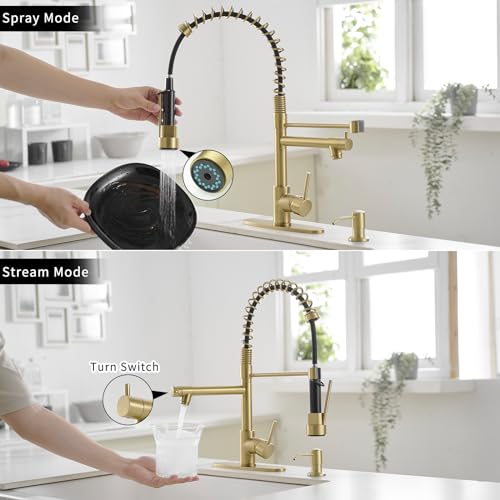 Image of AIMADI Gold Kitchen Faucet with Soap Dispenser,Commercial Single Handle | pull down Kitchen Faucets with Sprayer,Brushed Gold,for 1-hole or 3-hole sinks,Farmhouse RV Laundry
