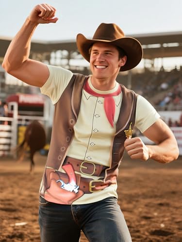 Funny World Men's Cowboy T-Shirts Graphic Short Sleeve Western Party Costume