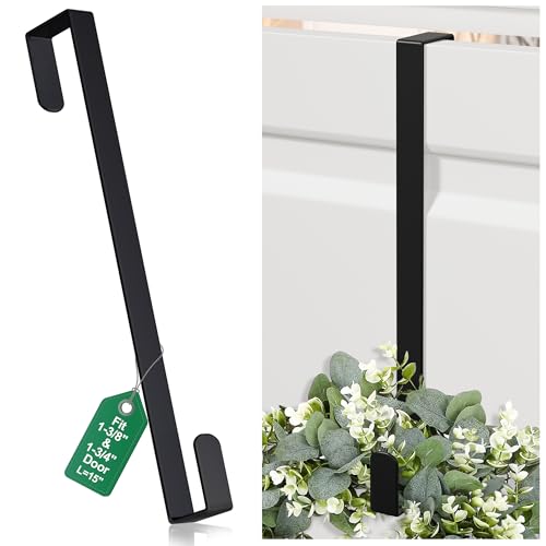 15 Reversible Wreath Hanger for Front Door Fits Most Doors up to 1-3/4 Heavy Duty Steel Over The Door Hooks Hold up to 80 LBS for Spring & Easter Wreaths Seasonal Door Decor (Black 1 Pack)