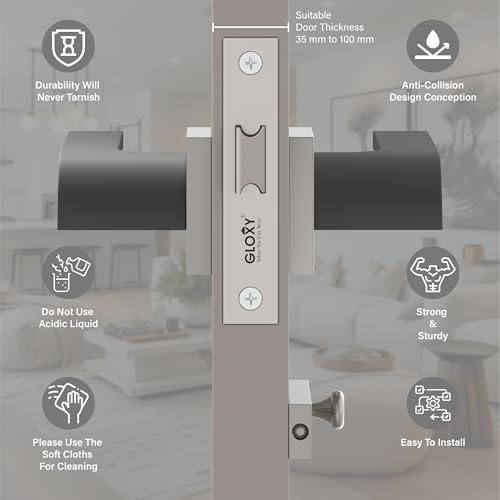 Image of GLOXY Door Lock for Bathroom Door Lock, Mortise Lock Without Knob Keyless Handles Set with Brass Baby Latch for Bedroom, Hotel | Satin & Black Finish (2 Years Warranty, Pack of 1)