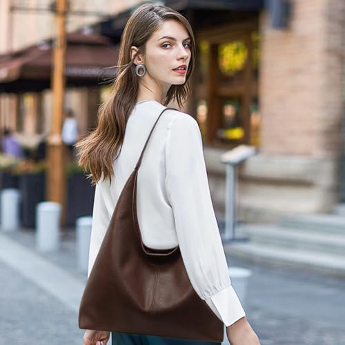 Image of Leather Hobo Bags for Women Slouchy Tote Bag Retro PU Leather Purse Soft Shoulder Handbags Large Work Tote Bag 2pcs