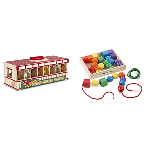 Melissa & Doug Take-Along Show-Horse Stable Play Set with Wooden Stable Box and 8 Toy Horses & Primary Lacing Beads - Educational Toy with 30 Wooden Beads and 2 Laces