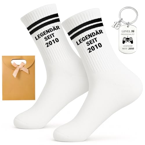 Geschenke Für 16 Jährige Jungs Mädchen Set - Legendär Seit 2010 Socken (Eu. 36-44) & Level 16 Schlüsselanhänger & Geschenktüte - Lustige Geschenke Für 16 Geburtstag Junge & 16 Geburtstag Mädchen