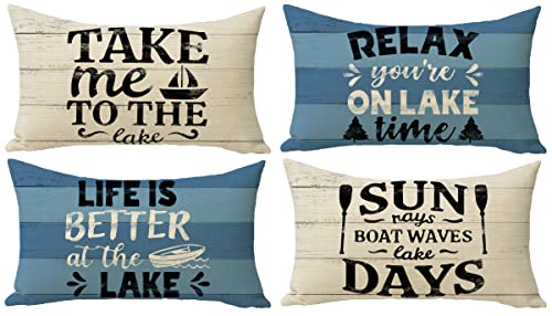 FBCOO Life is Better at The Lake House Lot de 4 housses de coussin lombaires décoratives rectangulaires rétro motif bateau à pagaie et ferme d'été, 30,5 x 50,8 cm, décoration d'intérieur pour canapé