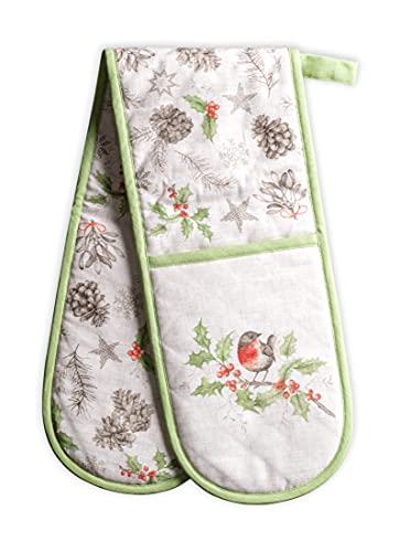 Maison d' Hermine Double Oven Mitt (18 cm x 89 cm) 100% Cotton Heat Resistant BBQ Cooking Gloves with Loop for Christmas Decorations Baking Cooking Barbeque Handling Hot Pan (Christmas Dew)