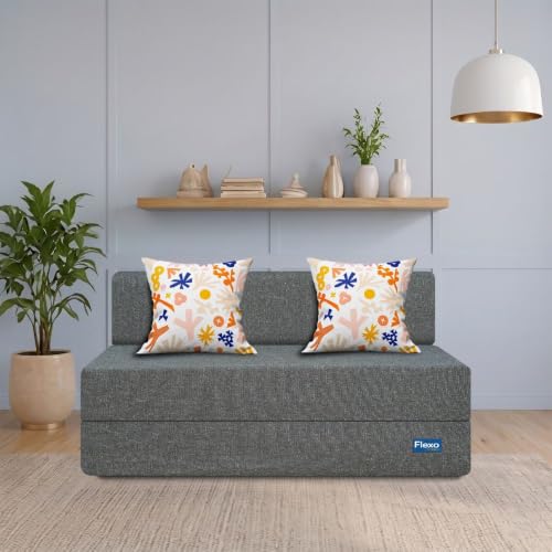 Image of Starlon 3 Seater Foldable Sofa Cum Bed 3-in-1 with 2 Floral Pattern Pillows, Washable Jute Fabric Cover, Space Saving Guest Bed, Ash Gray 6x6 Ft