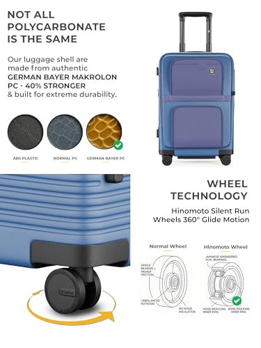 Image of EUME Aerotop Cabin Trolley Bag Small | Top Open Suitcase | Expandable Hard Polycarbonate Luggage | TSA Lock, Anti Theft Zipper, Silent Wheels | 16 inch inch Laptop Holder + Charging Port | 50L Blue