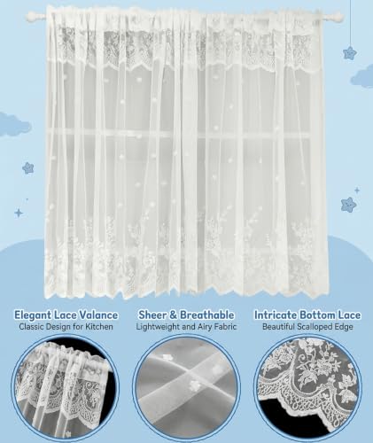 Image of piercing Curtains for Kitchen, Lace Curtains, Kitchen Window Curtains, Sheer Curtains, Kitchen Curtains 29 inchx39 inch Lace Tier 1-Panel Rod Pocket Floral Scalloped Cafe Light Filter White (Style 2)
