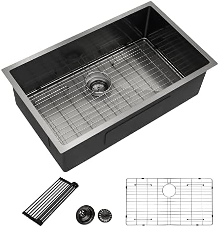 32 Black Undermount Kitchen Sink - Dcolora 32 Inch Kitchen Sink Dark Gray NANO-PVD Gunmetal Matte Black Stainless Steel 16 Gauge Single Bowl Sink Basin with Round Corner X GROOVES