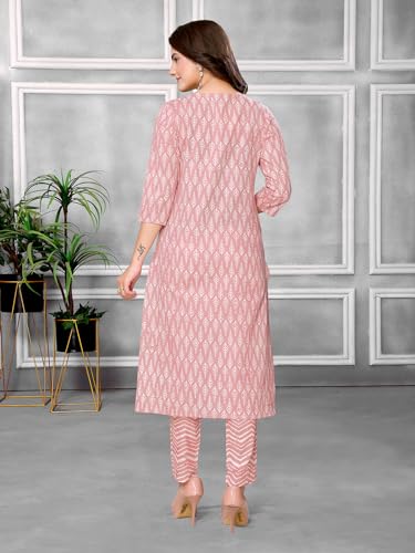 Image of rangita Peach Cotton Printed Straight Kurta with Pant | Kurta Set for Women