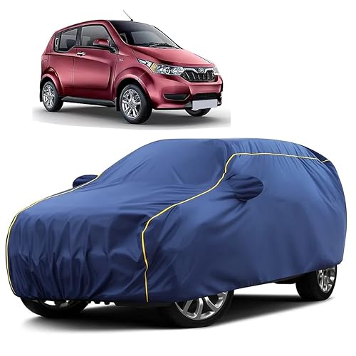 Image of Sulfar 100% Water Resistant Car Body Cover Compatible with Mirror for Mahindra e2o (Triple Stitched, Full Bottom Elastic, Blue Taffeta with Yellow Piping)