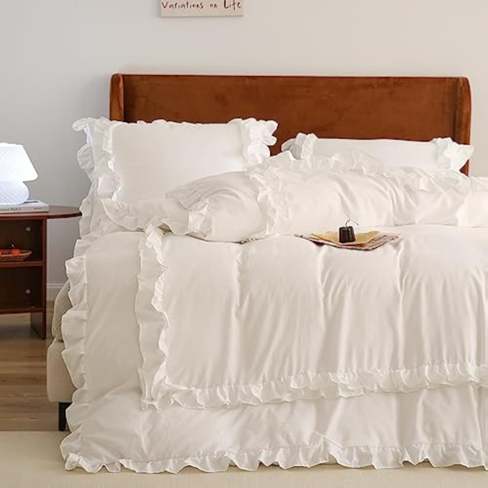 White Ruffle Duvet Cover Queen 3Pcs Shabby Chic