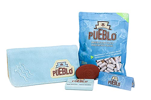Pueblo Tabaktasche Set NEU Tabaketui Tabakbeutel Drehertasche mit Reißverschluss Blättchenfach Hydrostein Filters ungebleicht Papers Hanf Pouch Set
