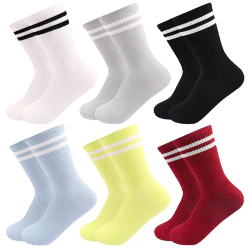 Image of 6 Pairs Solid Color Retro Striped Crew Socks for Women Girls | Soft Cotton Blend, Breathable & Comfortable Novelty Everyday Ribbed Quarter Socks